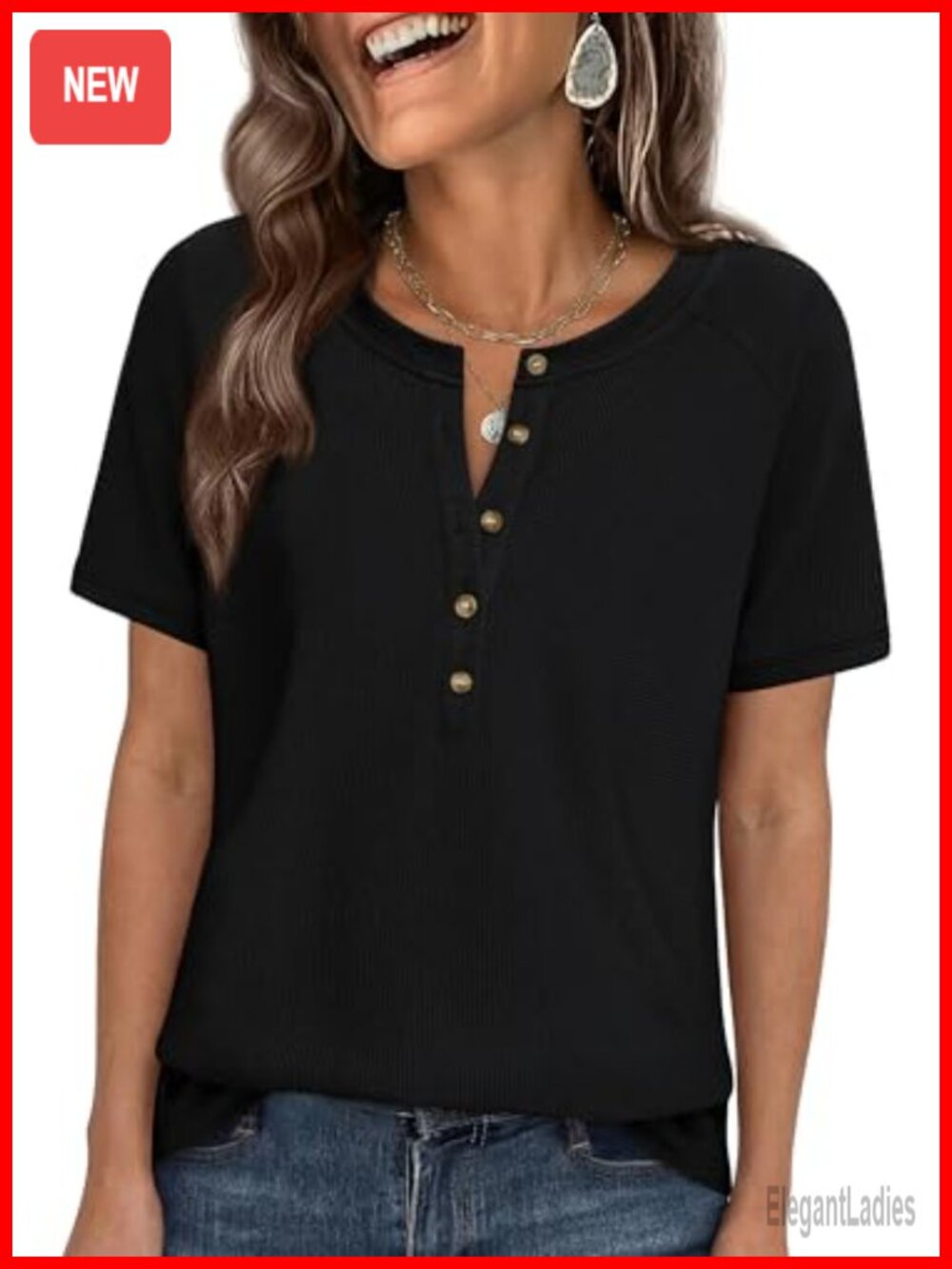 Waffle Knit Henley Short Sleeve Relaxed Fit Top